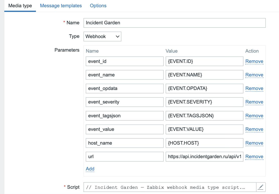 Форма создания media type «Incident Garden» в Zabbix